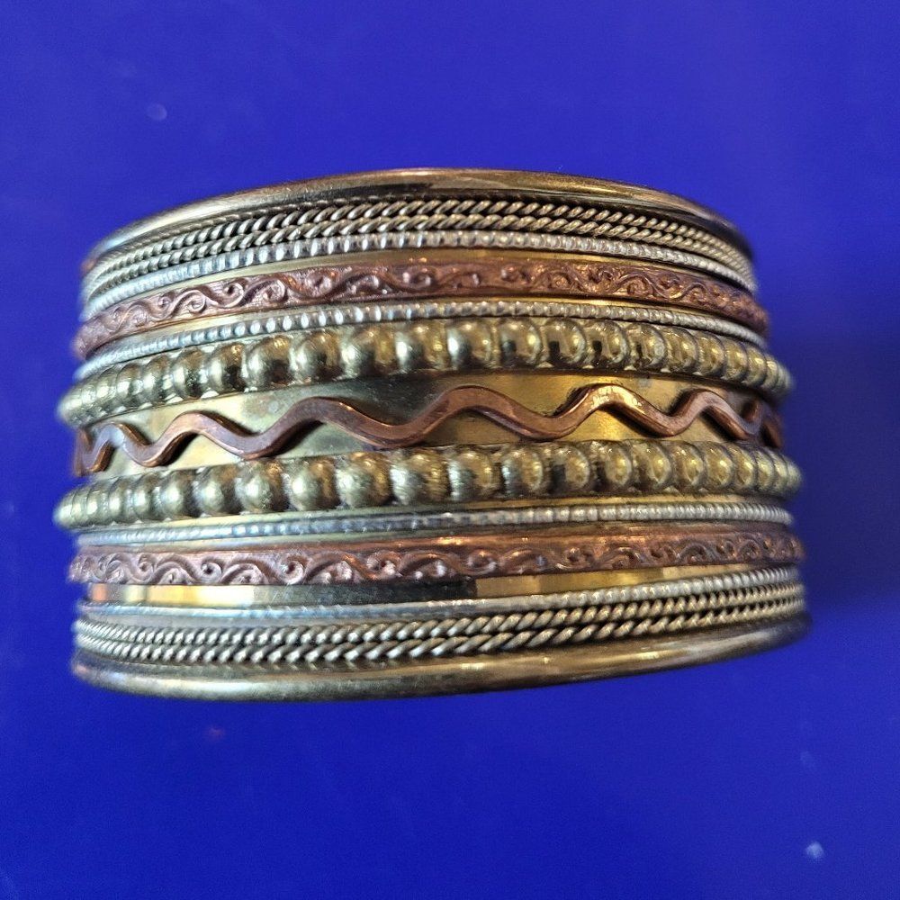 Vintage multi layer Brass Bracelet, various patterns and textures